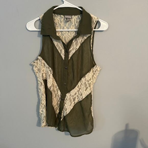 Vanity Tops - Vintage Vanity Button Down Sleeveless Top w/ Lace Size Large